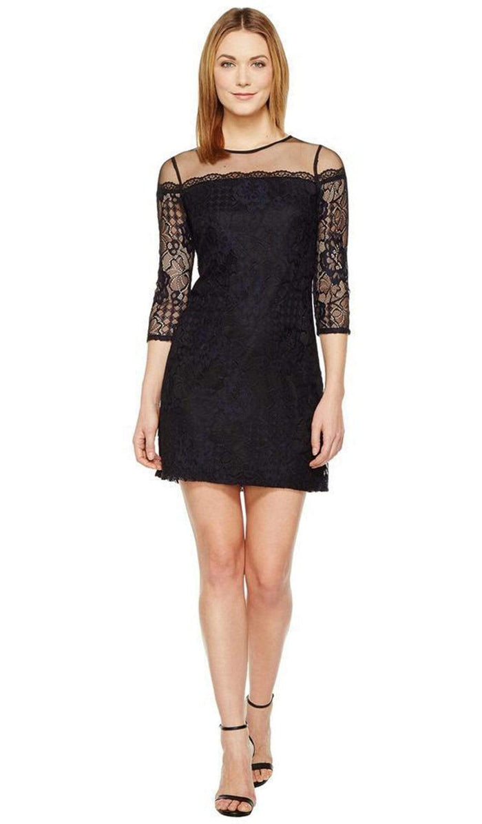 Adrianna Papell - AP1D100545 Lace Quarter Length Sleeve Sheath Dress Special Occasion Dress 0 / Black Navy