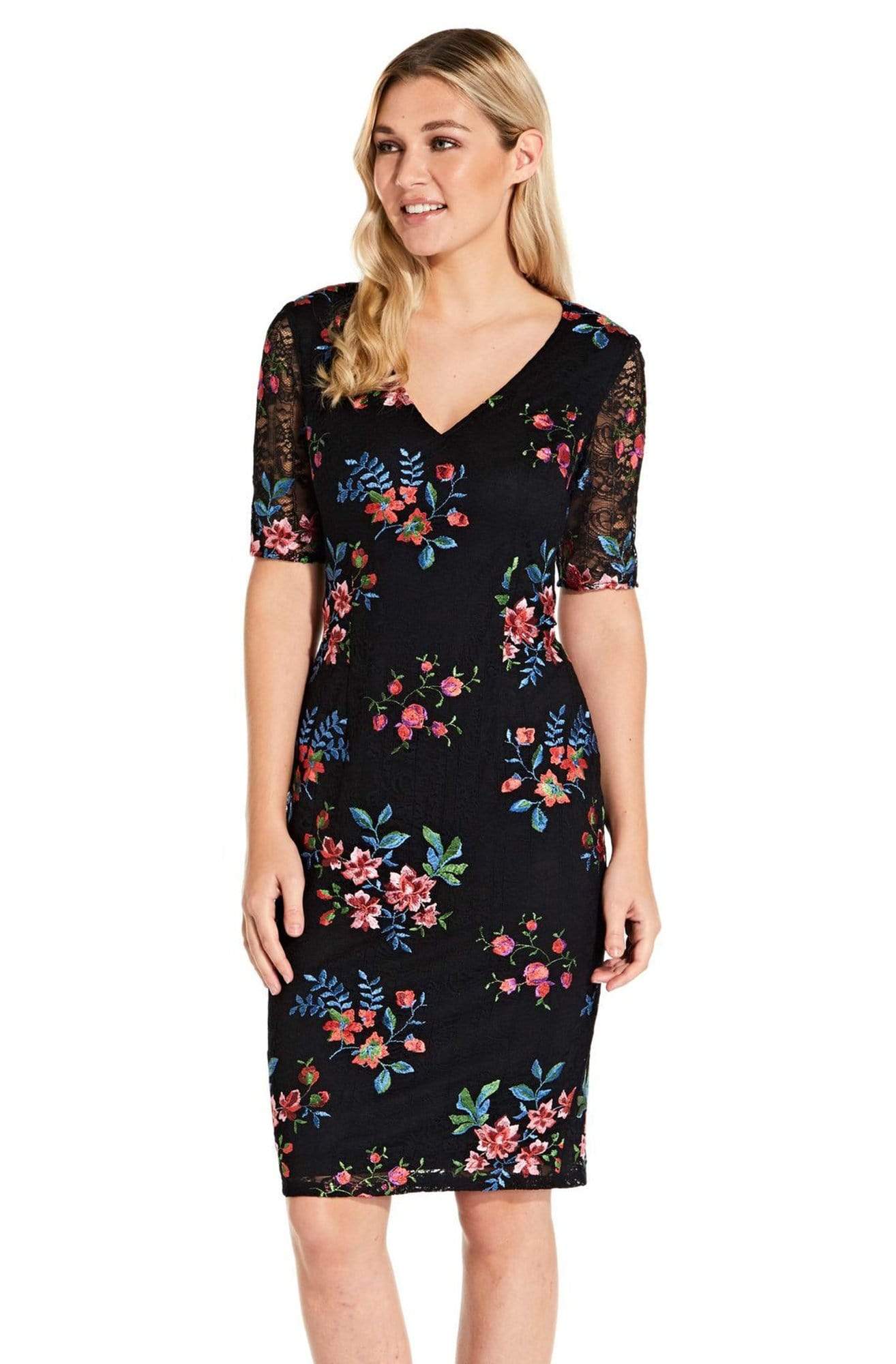 Adrianna Papell - AP1D102954 Floral Embroidered V-neck Sheath Dress ...
