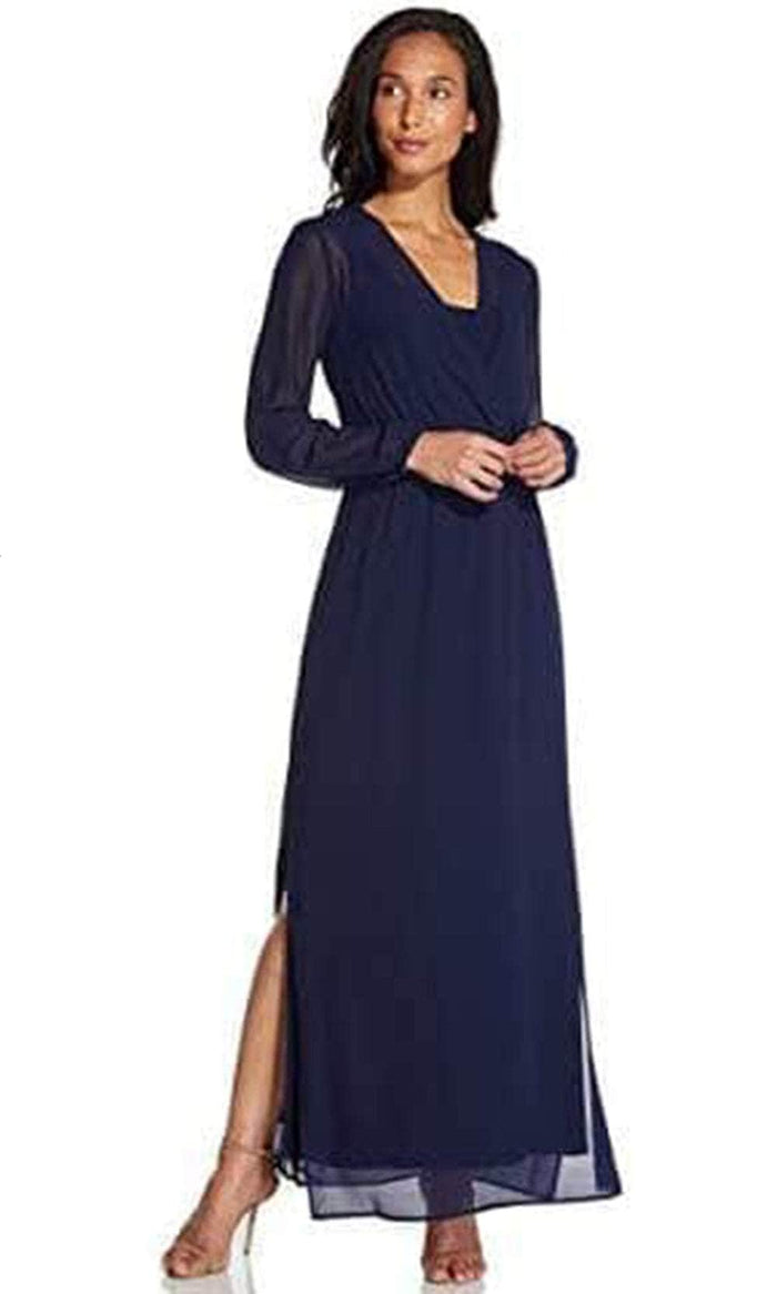 Adrianna Papell AP1D104303 - Long Sleeves V-Neck Long Dress Mother of the Bride Dresses S / Navy