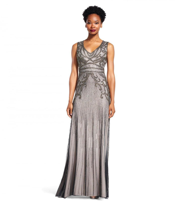Adrianna Papell AP1E200237 Sleeveless V-Neckline Embellished Long Dress - 1 pc Platinum In Size 4 Available CCSALE 4 / Platinum