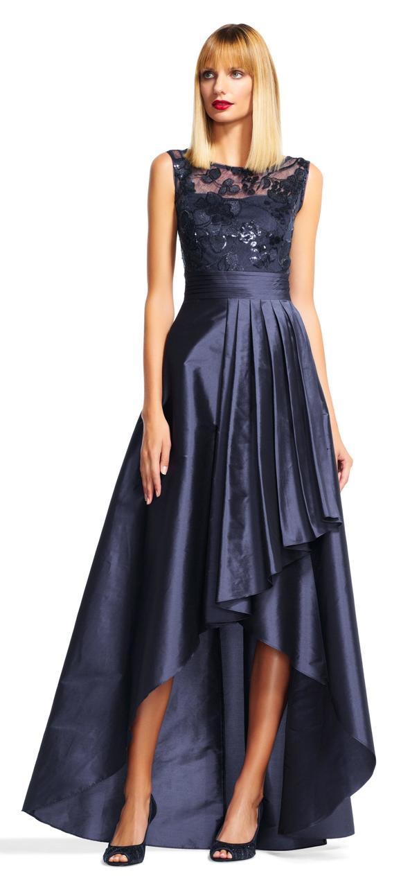Adrianna Papell - AP1E200402 Lace Illusion Pleated High Low Dress - 1 Pc Navy in Size 14 Available CCSALE 14 / NAVY