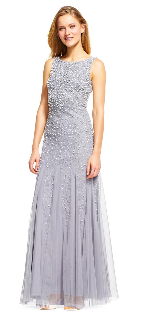 Adrianna Papell - AP1E200672 Pearl Beaded Dress with Godet Skirt Special Occasion Dress 0 / Silver Grey