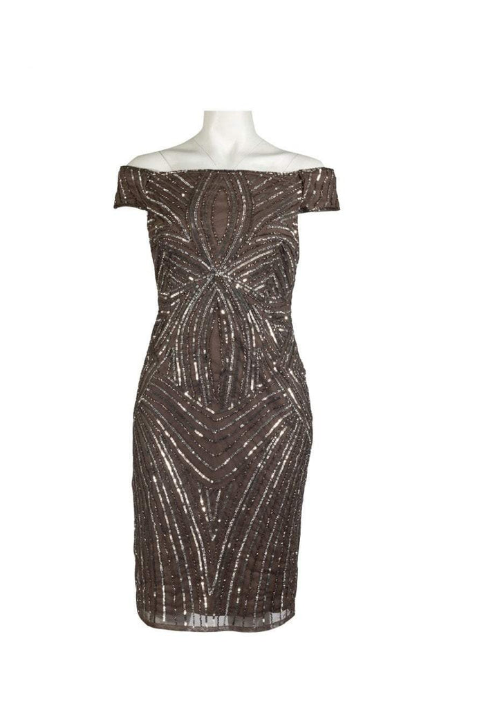 Adrianna Papell - AP1E201100 Sequined Off-Shoulder Sheath Dress Special Occasion Dress 0 / Lead