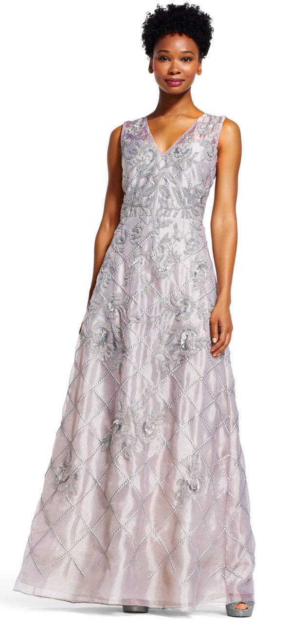 Adrianna Papell - AP1E201287 Beaded V-neck A-line Dress Special Occasion Dress 0 / Platinum