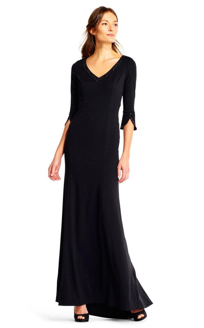 Adrianna Papell - AP1E201431 Embellished Long Sleeve Stretch Gown Special Occasion Dress 0 / Black