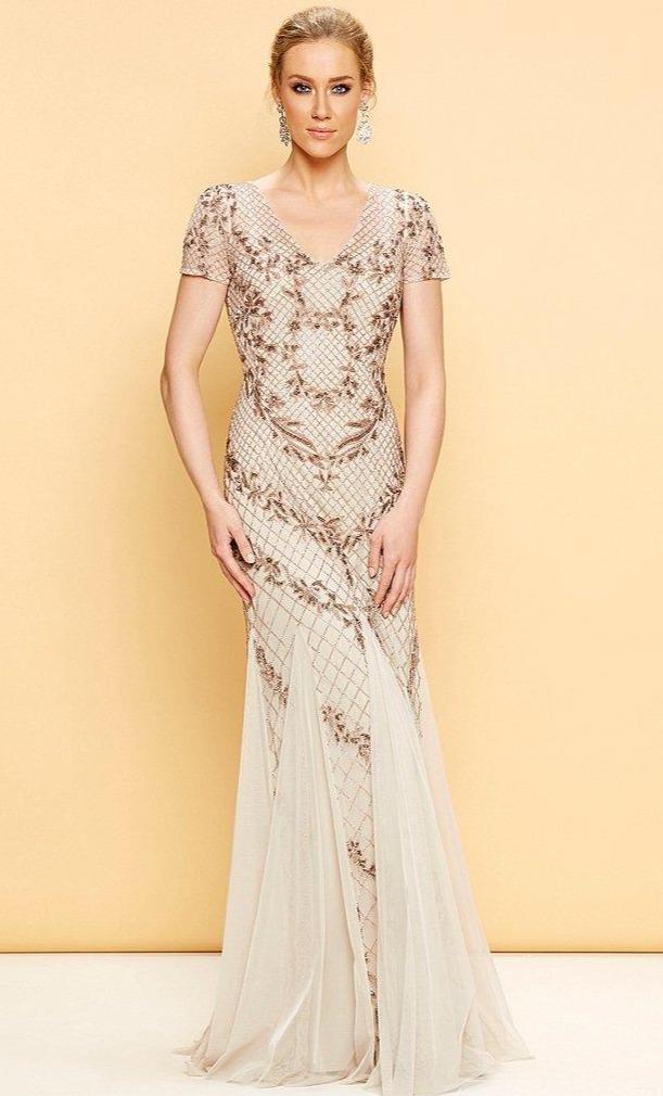 Adrianna Papell - AP1E201532 Short Sleeve Beaded Mermaid Gown Special Occasion Dress 0 / Biscotti