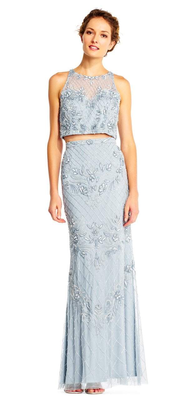 Adrianna Papell - AP1E201534 Beaded Halter Illusion Two Piece Gown Special Occasion Dress 0 / Blue Heather
