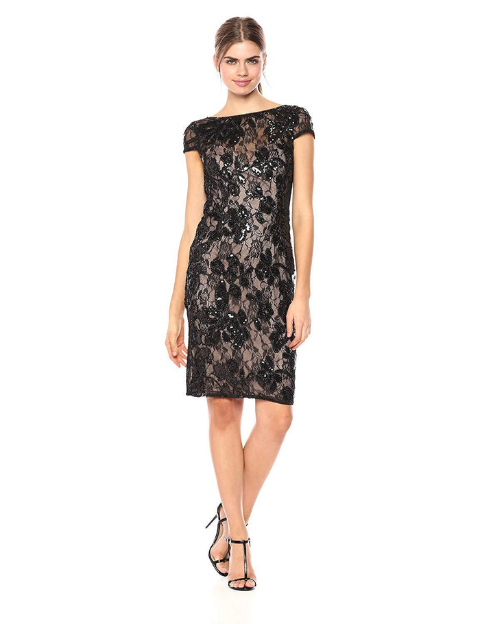 Adrianna Papell - AP1E201934 Embroidered Sequined Bateau Sheath Dress Special Occasion Dress 0 / Black