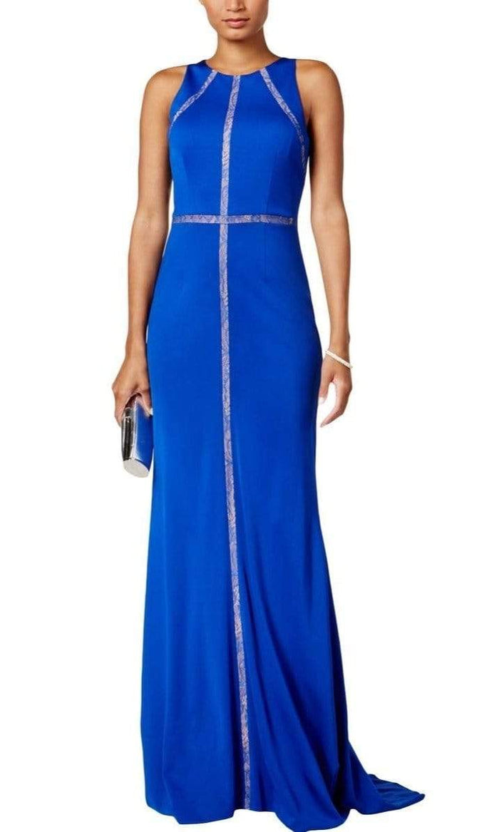 Adrianna Papell - AP1E202052 Jewel Neck Fitted Jersey Gown Special Occasion Dress 0 / Deep Sapphire