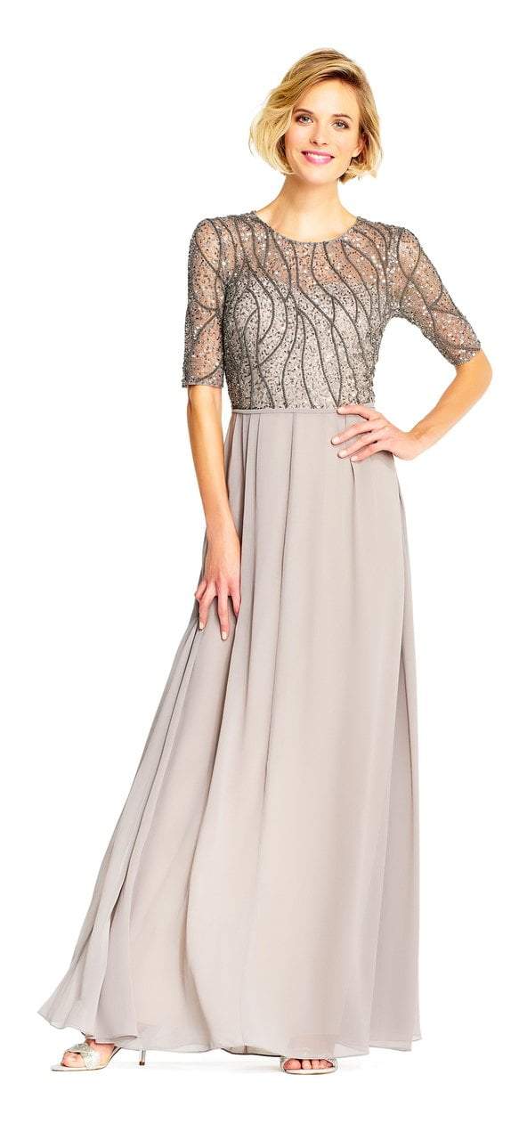 Adrianna Papell - AP1E202210 Elbow Sleeves Beaded Chiffon Gown Special Occasion Dress 0 / Platinum