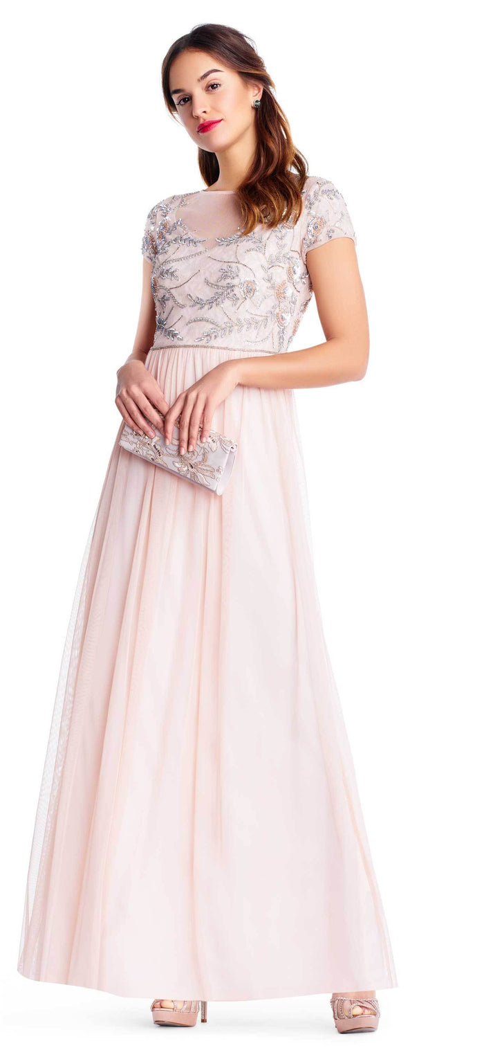Adrianna Papell - AP1E202874 Embellished Illusion Tulle A-line Dress Special Occasion Dress 0 / Blush