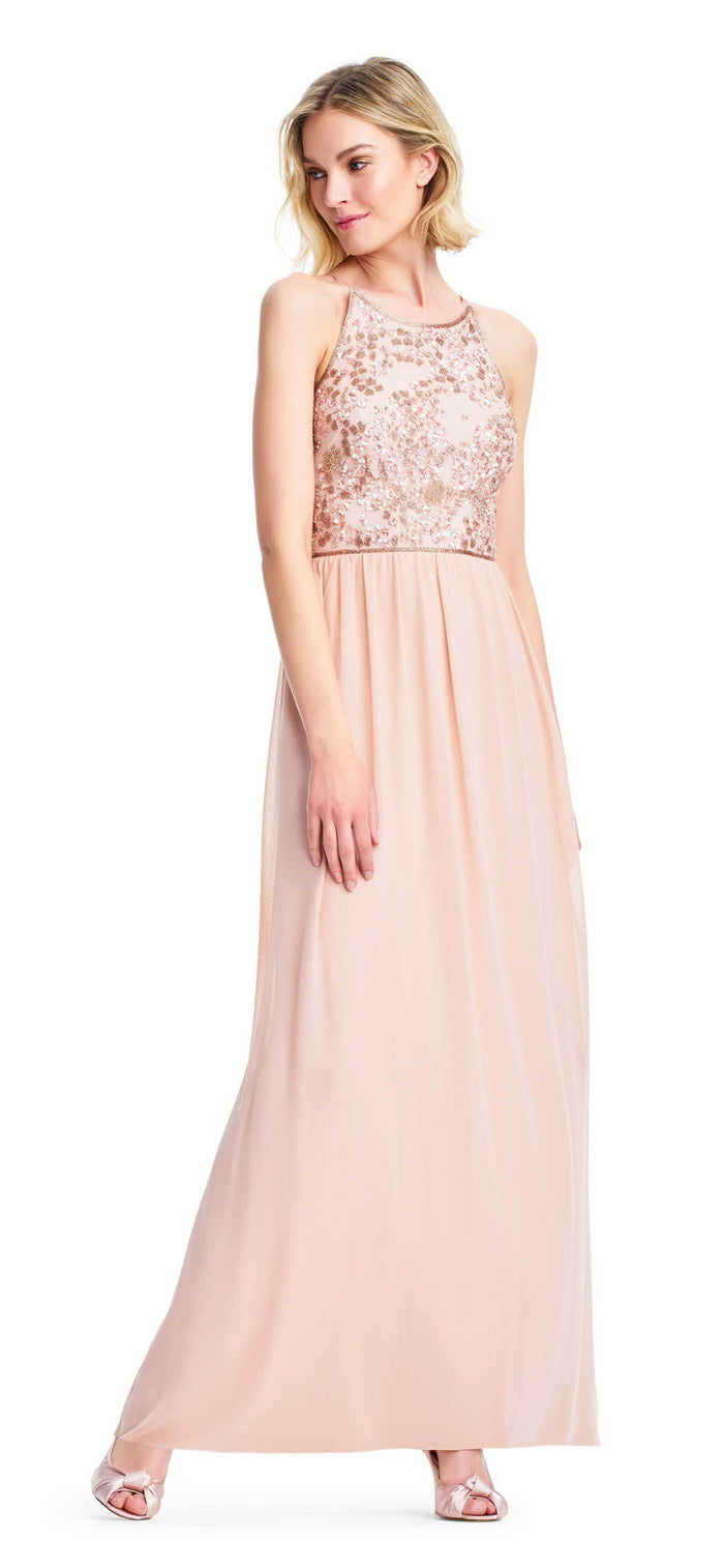 Adrianna Papell - AP1E203111 Bedazzled Halter Chiffon A-line Dress Special Occasion Dress 0 / Blush