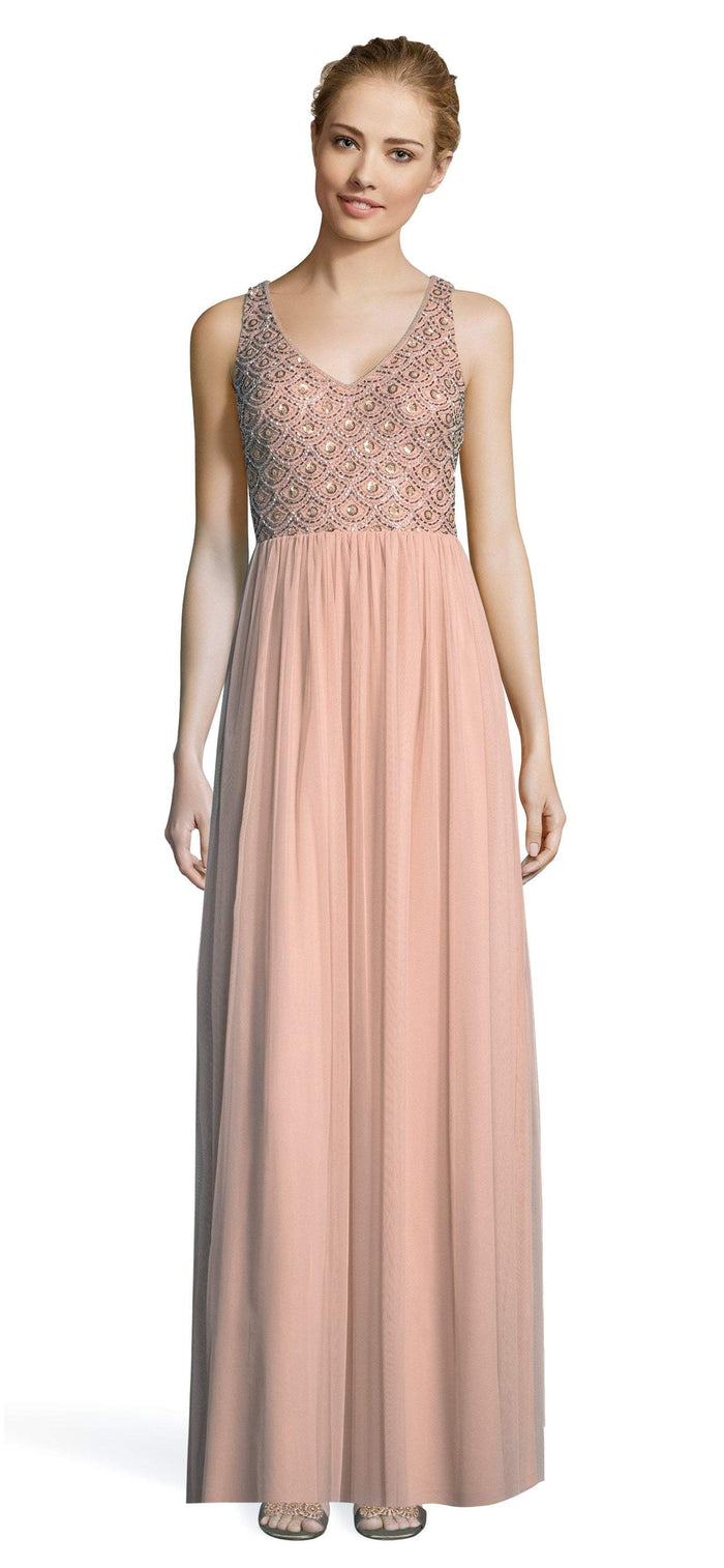 Adrianna Papell - AP1E203719 Beaded V-neck Long A-line Dress Special Occasion Dress 0 / Blush