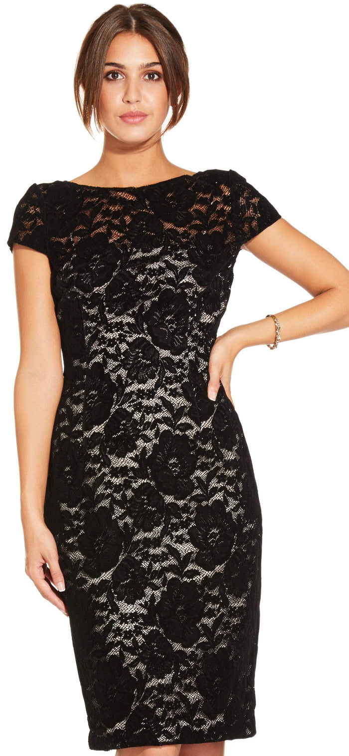 Adrianna Papell - AP1E204098 Floral Lace Cap Sleeve Sheath Dress Special Occasion Dress 0 / Black Nude