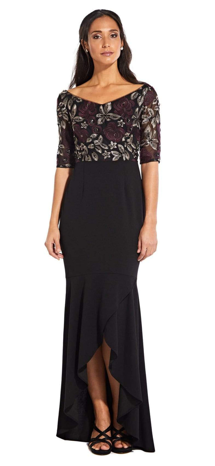 Adrianna Papell - AP1E204611 Floral V-Neck High Low Dress Mother of the Bride Dresses 0 / Night Plum Black