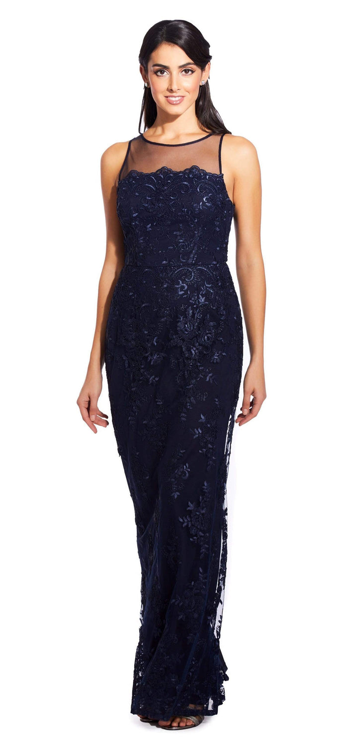 Adrianna Papell - AP1E204699 Embroidered Illusion Sheath Dress Special Occasion Dress 00 / Midnight