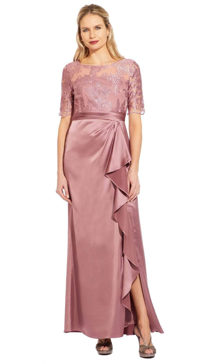 Adrianna Papell - AP1E205141 Embroidered Bateau Satin Sheath Dress Mother of the Bride Dresses 0 / Rose