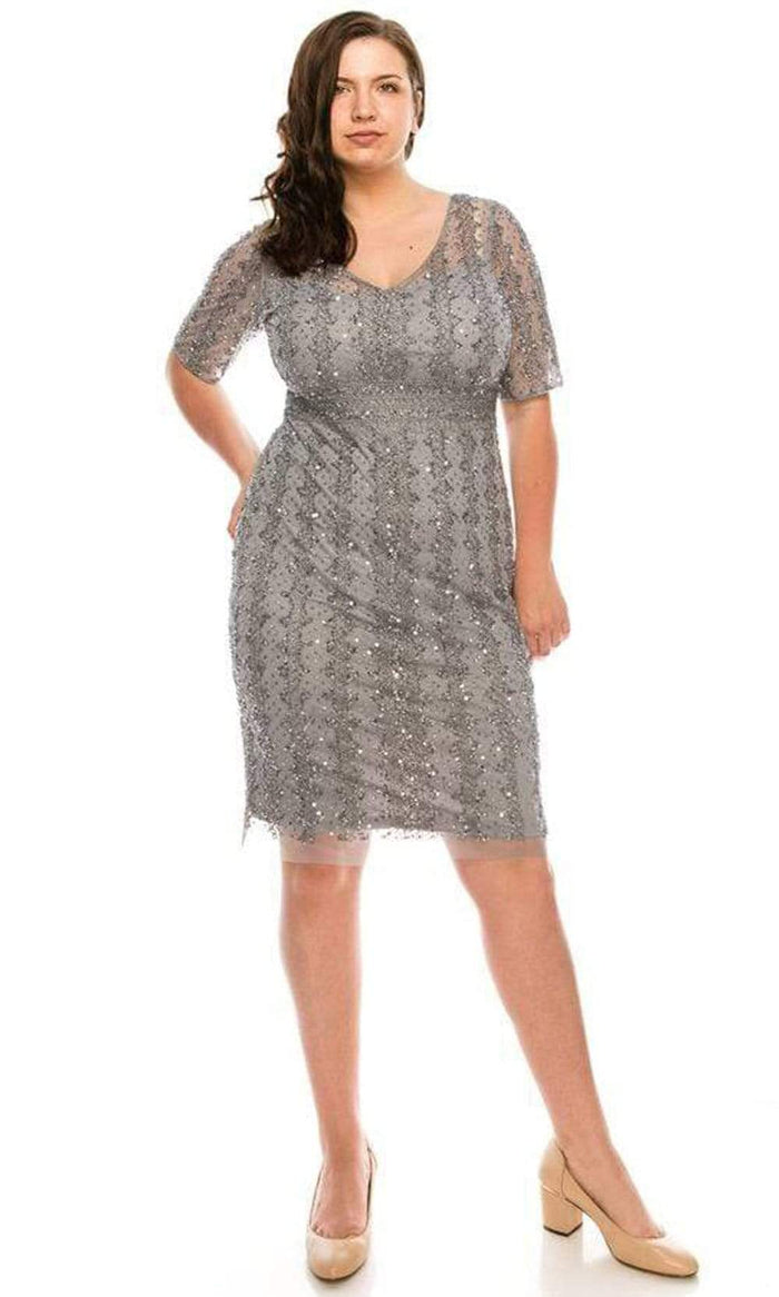 Adrianna Papell - AP1E205393 Illusion V-Neck Sheath Dress Cocktail Dresses 0 / Silver Grey