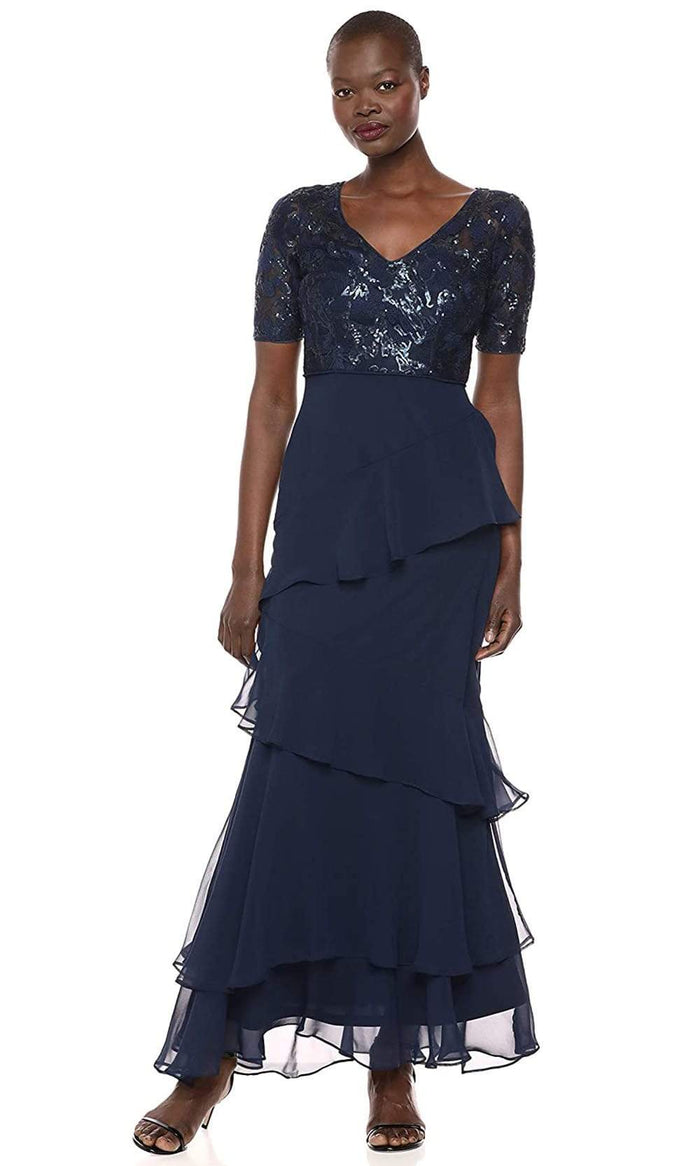 Adrianna Papell - AP1E205623 Embroidered V-Neck Tiered Sheath Dress Mother of the Bride Dresses 0 / Midnight