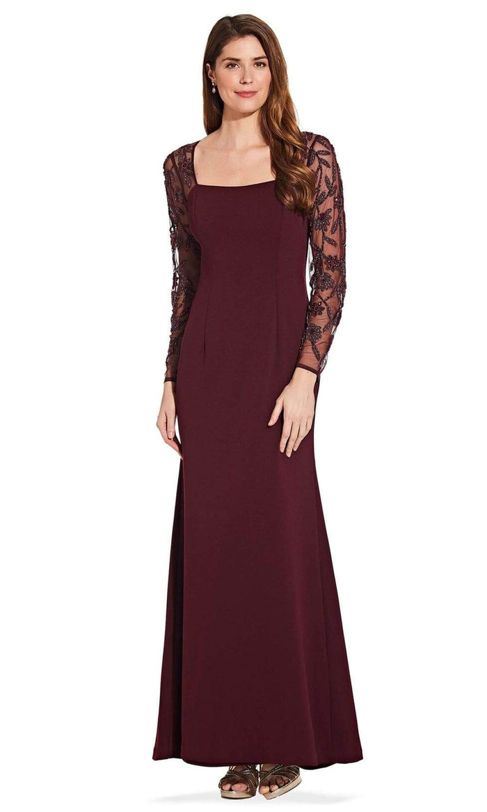 Adrianna Papell - AP1E206039 Beaded Long Sleeve Square Neck Long Dress Evening Dresses 2 / Dark Burgandy