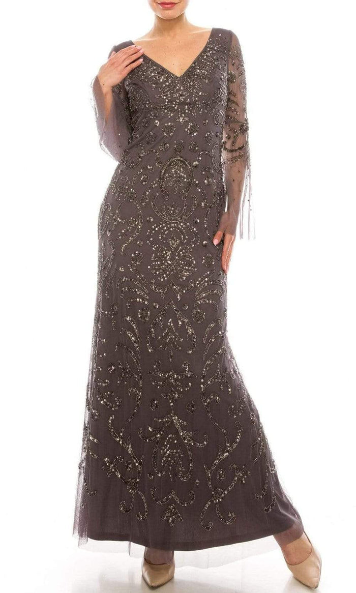 Adrianna Papell - AP1E206204 V Neck Embellished Evening Gown Evening Dresses 00 / Moonscape