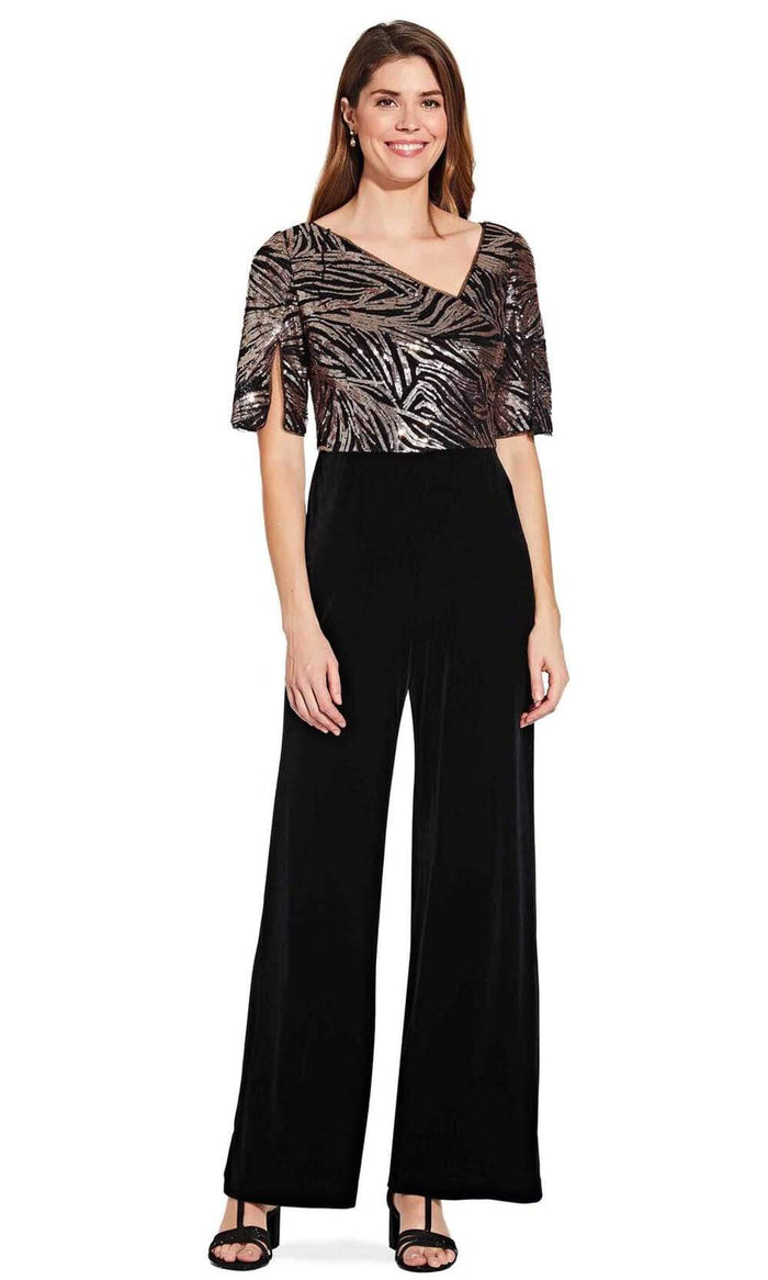 Adrianna Papell - AP1E206295 Split Sleeve Sequined Bodice Jumpsuit Evening Dresses 2 / Black Rosegold