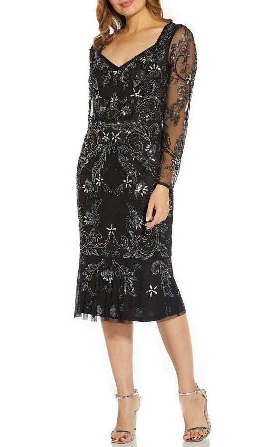 Adrianna Papell AP1E209159 - Long Sleeve Sweetheart Knee Length Dress Cocktail Dresses 2 / Black Multi