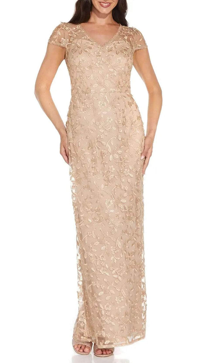 Adrianna Papell AP1E209204 - V-Neck Floral Evening Gown Mother Of The Bride Dresses 2 / Gold