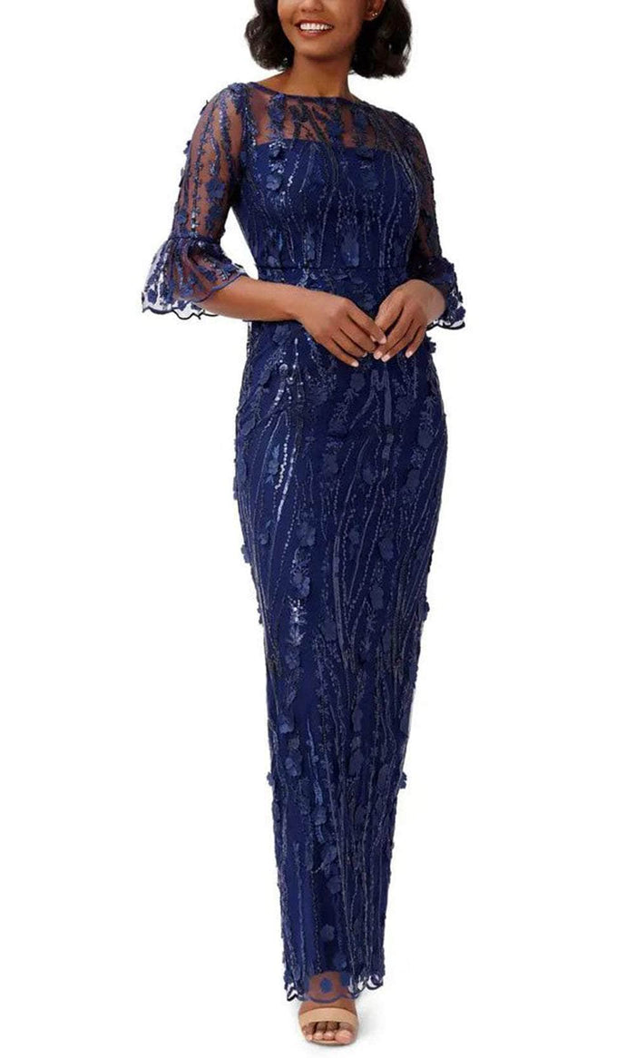 Adrianna Papell AP1E209716 - Bateau Embroidered Evening Gown Evening Dresses 2 / Light Navy