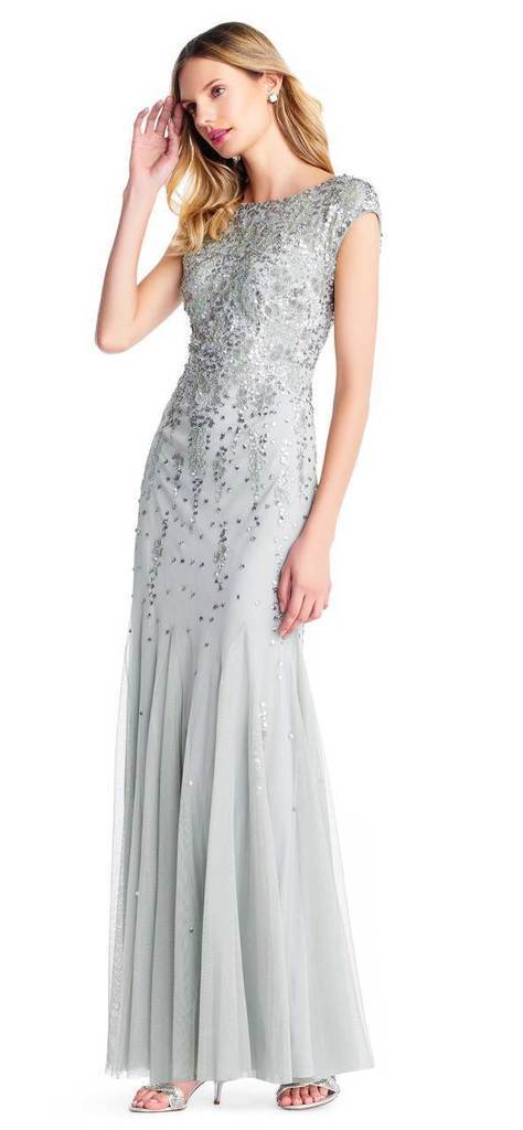 Adrianna Papell - Bead Embellished Bateau Godet Evening Gown AP1E202893 CCSALE 0 / Mint
