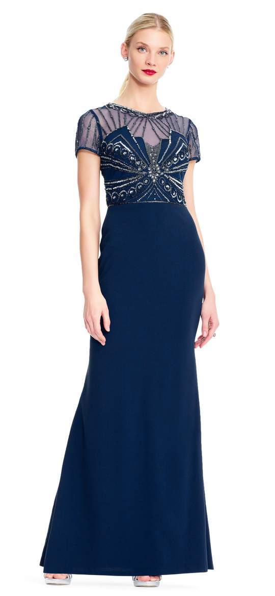 Adrianna Papell - Embellished Jewel Open Back Trumpet Gown AP1E203646 - 1 pc Deep Blue In Size 12 Available CCSALE 12 / Deep Blue