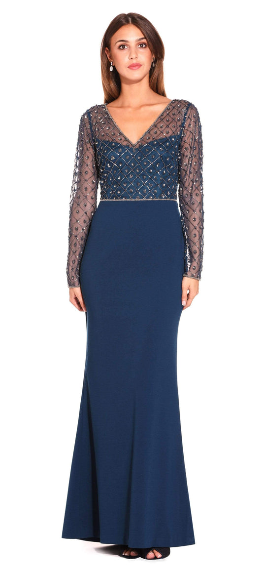 Adrianna Papell - Embellished V-Neck Evening Dress AP1E203730 - 1 pc Deep Blue In Size 2 Available CCSALE 2 / Deep Blue