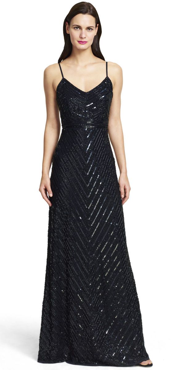 Adrianna Papell - Fine Strap Fully Beaded V-Neck Gown 91905320 Special Occasion Dress 8 / Black