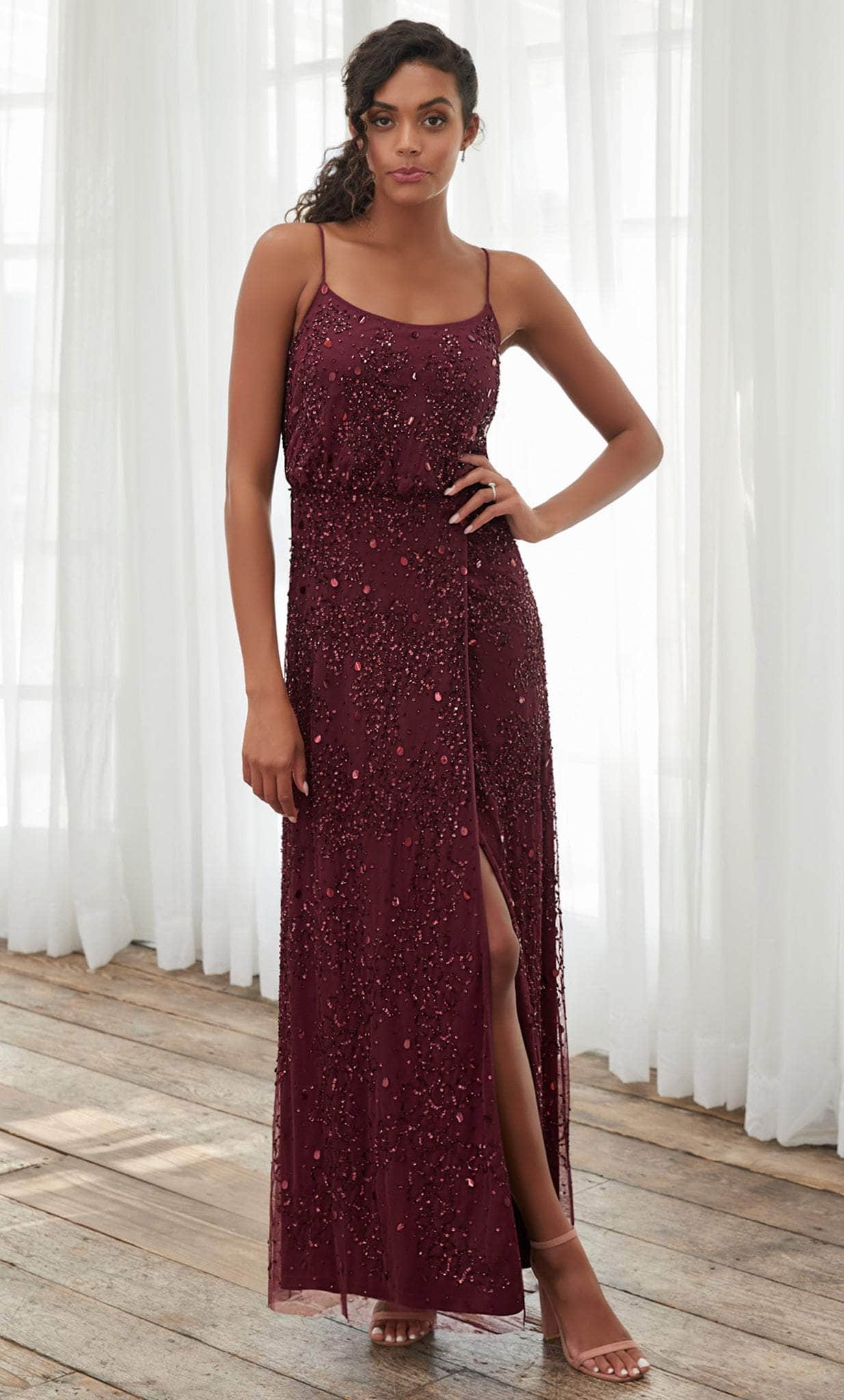 Petite Beaded Column Gown With Mock Neckline Rose Gold | Adrianna Papell  Womens Long Dresses - Taryn Gillen