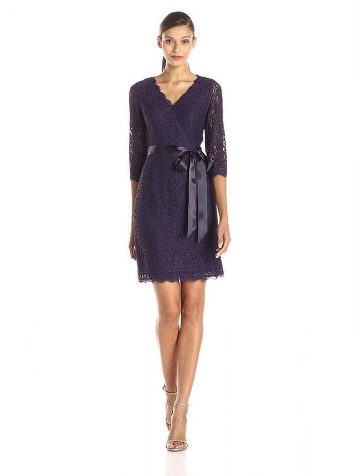 Adrianna Papell - Quarter Length Sleeves Lace Short Dress 41910400 Special Occasion Dress 4 / Prune