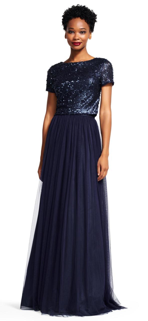 Adrianna Papell - Sequined Long Dress AP1E200722 Special Occasion Dress 0 / Navy