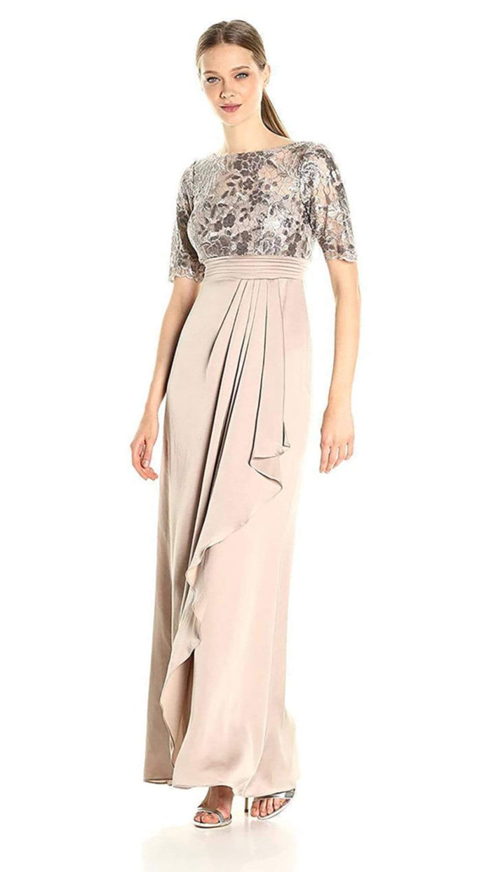 Adrianna Papell - Short Sleeves Draped Satin Dress AP1E201568 - 1 pc Light Mink in Size 6 Available CCSALE 6 / Light Mink
