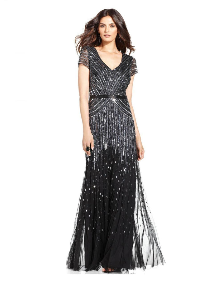 Adrianna Papell - V-Neckline Sequined Mesh Long Dress 62868950 Special Occasion Dress 2 / Gunmetal