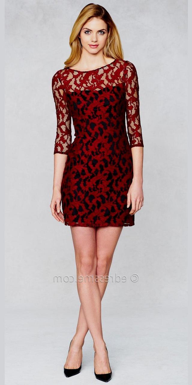 Aidan Mattox - 151A10930 Quarter Sleeve Illusion Contrast Lace Dress Special Occasion Dress 0 / Red