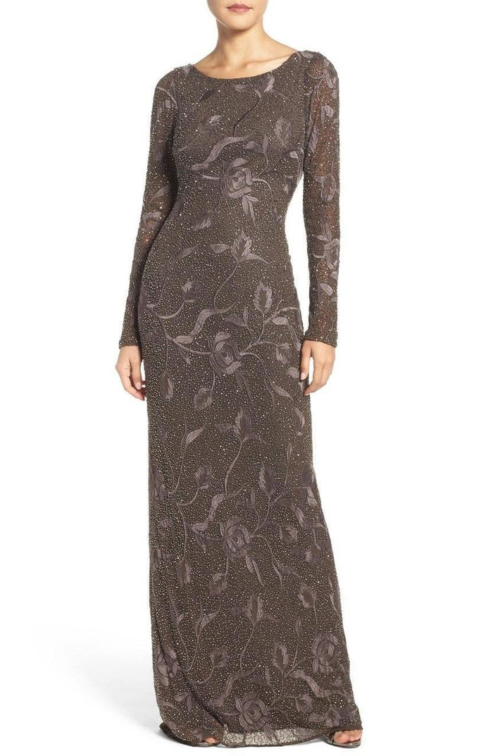 Aidan Mattox - Beaded and Embroidered Mesh Long Dress MD1E200365 Special Occasion Dress 4 / Espresso