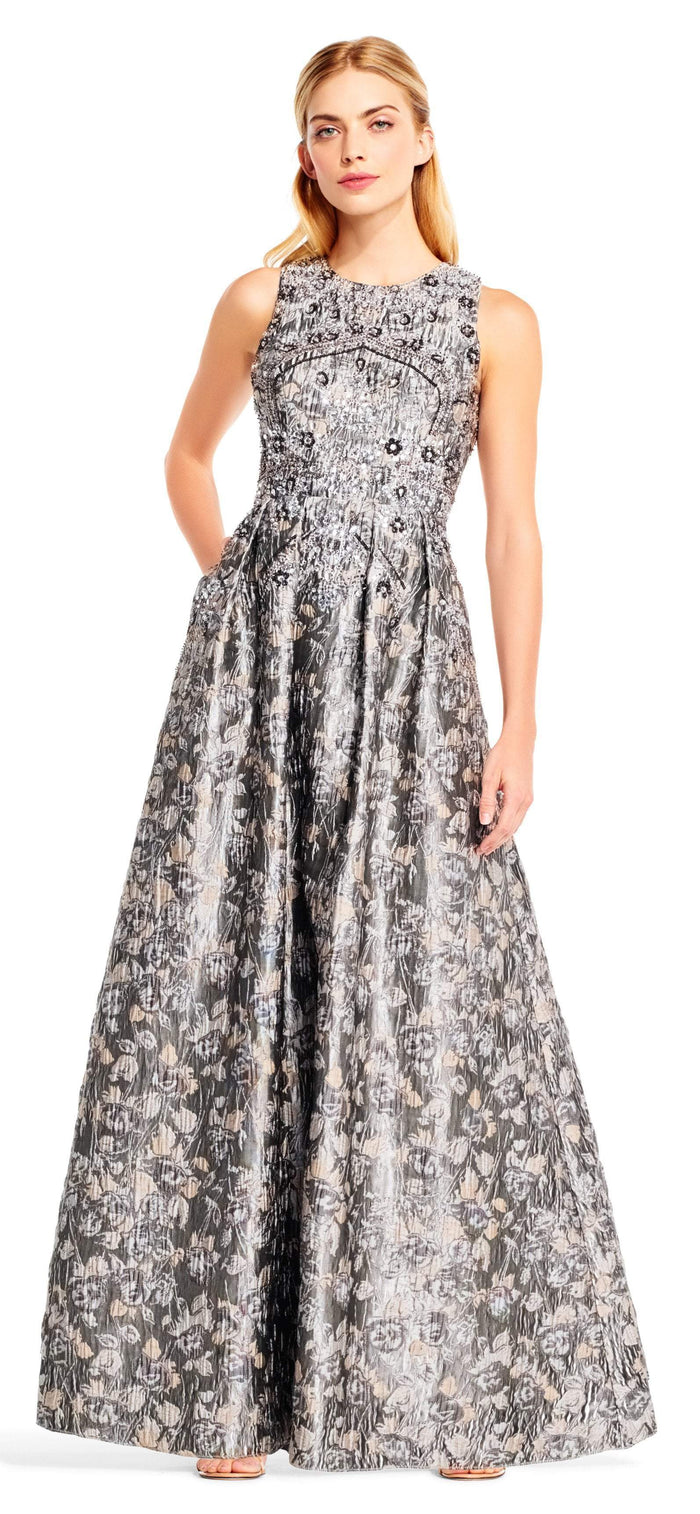 Aidan Mattox - Bedazzled Jewel Brocade Pleated Evening Gown MD1E201399 - 1 pc Silver Grey in Size 0 Available CCSALE 0 / Silver Grey
