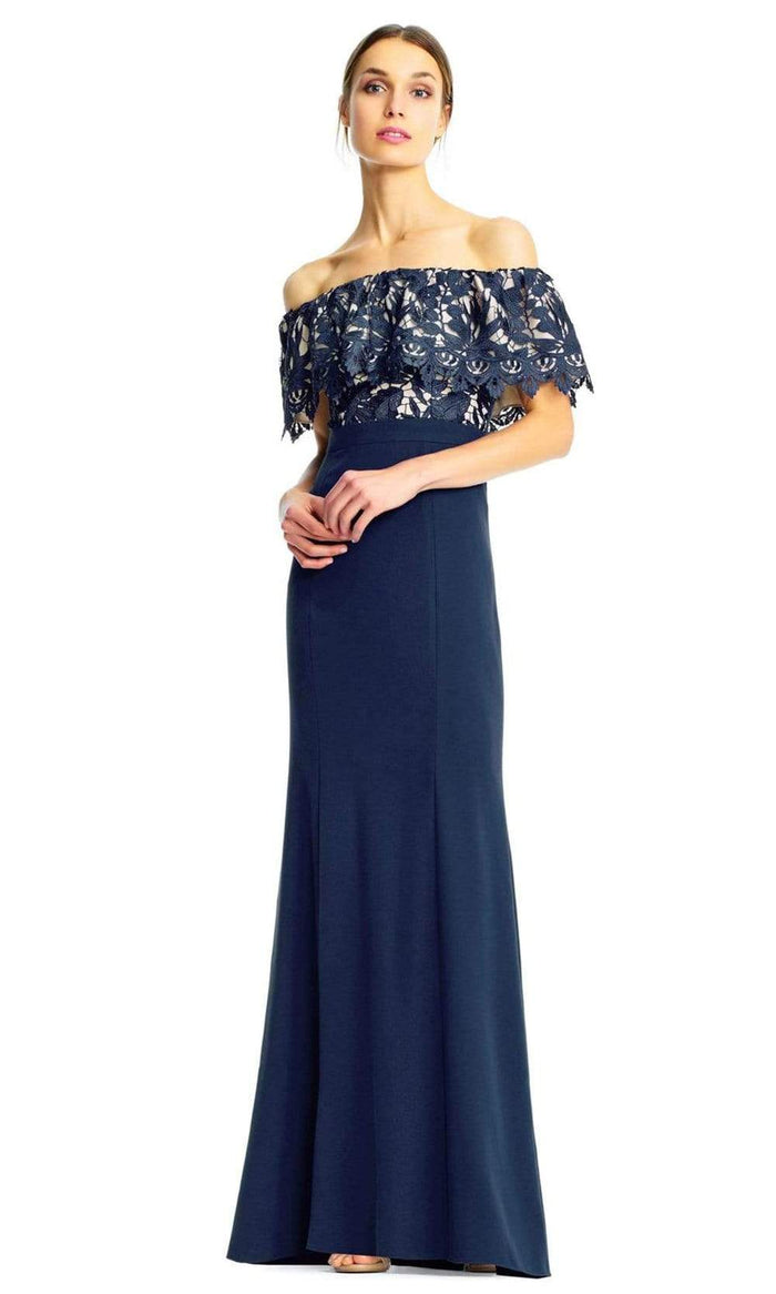 Aidan Mattox - Floral Lace Off-Shoulder Sheath Dress MN1E202072 - 1 pc Navy In Size 2 Available CCSALE 2 / Navy