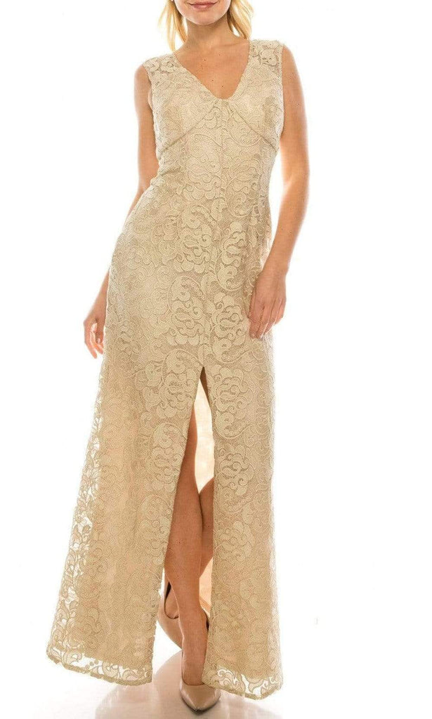 Aidan Mattox - MD1E200858 V Neck Lace Mid Slit Dress Aidan Mattox - MD1E200858 V Neck Lace Mid Slit Dress