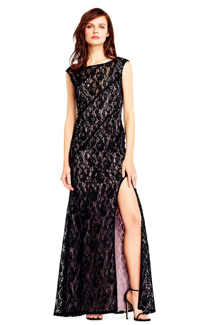 Aidan Mattox - MD1E201455 Illusion V-Neck Floral Lace Evening Gown Special Occasion Dress 0 / Black