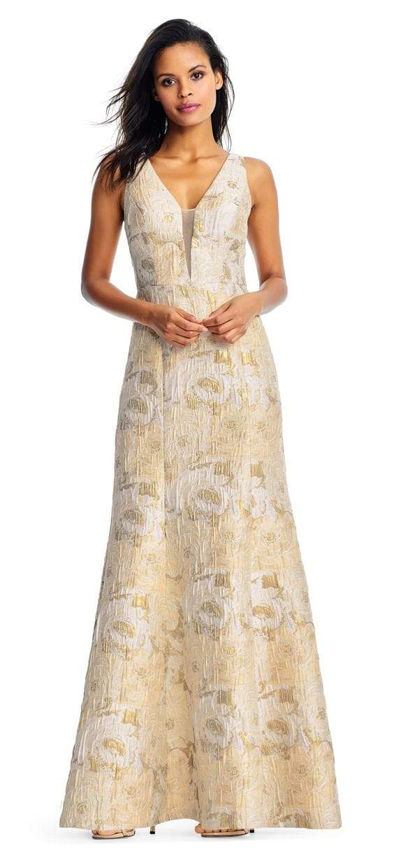 Aidan Mattox - MD1E202493 Floral Metallic Jacquard Deep V-neck Dress Special Occasion Dress 00 / Ivory Gold