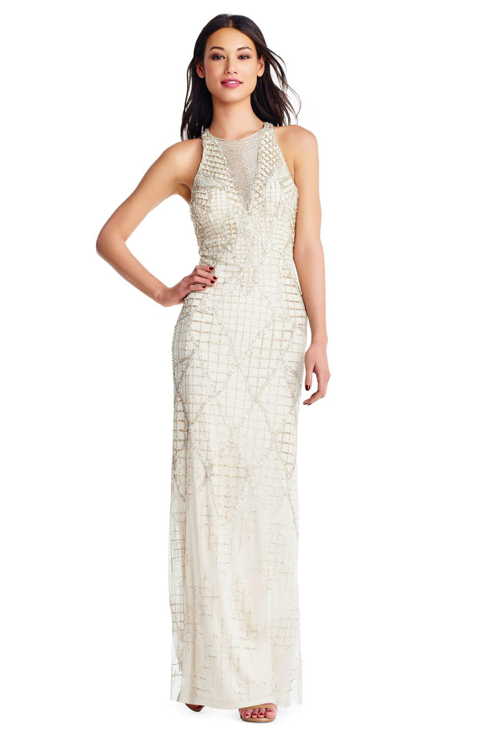 Aidan Mattox - MD1E202819 Lattice Beaded Gown with Criss Cross Back Evening Dresses 0 / Champagne