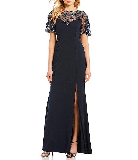 Aidan Mattox - MD1E203616 Beaded Neckline Slit Column Gown Special Occasion Dress 00 / Twilight