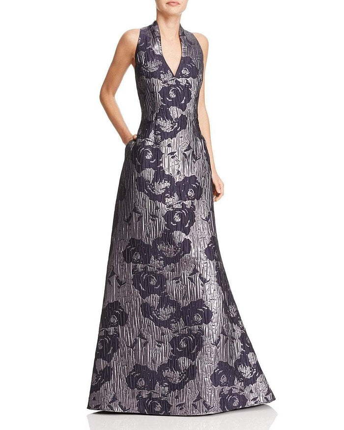 Aidan Mattox - Metallic Floral Print V-Neck Gown MD1E200784 - 1 pc Twilight In Size 4 Available CCSALE 4 / Twilight