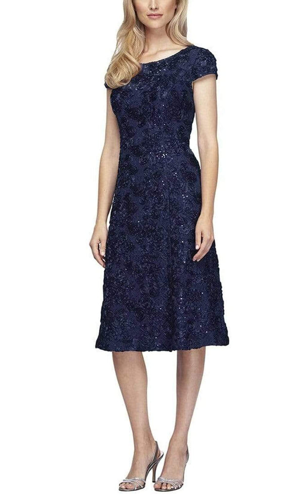 Alex Evenings Women T-Length Rosette Dress - Navy