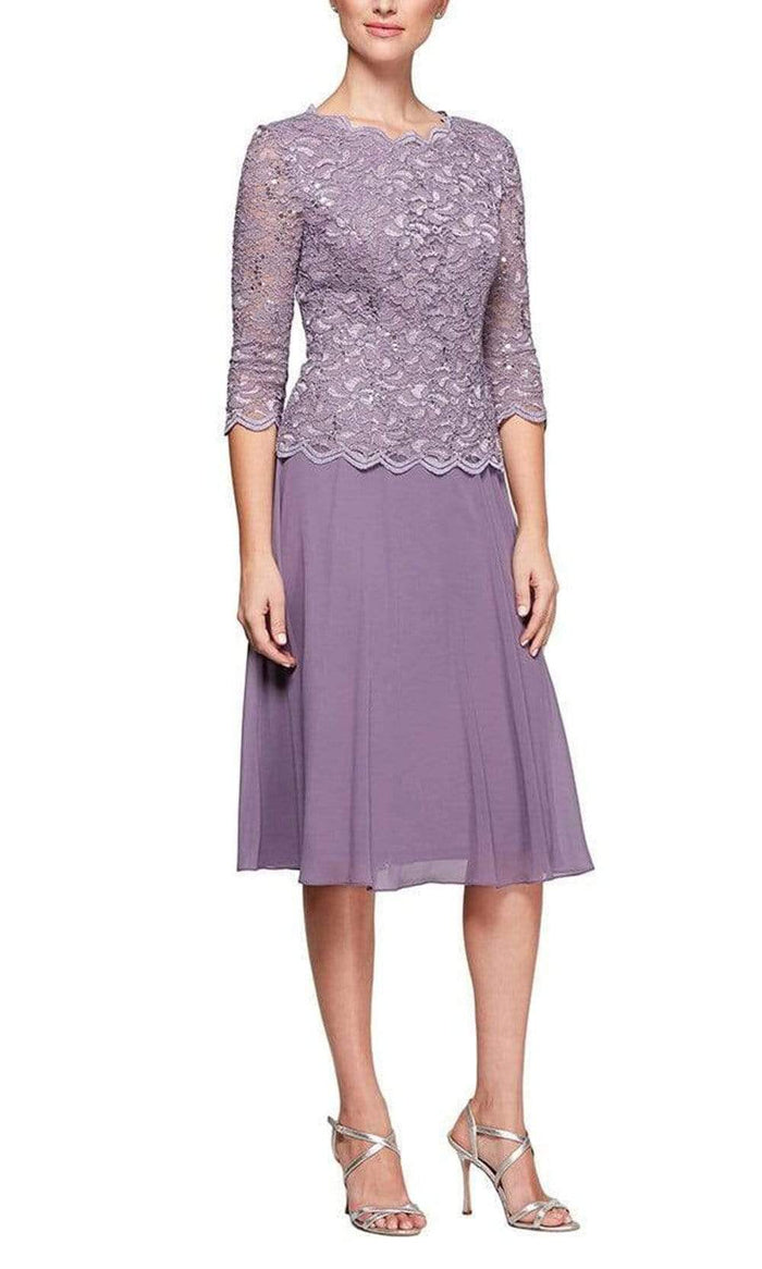 Alex Evenings - 1121796 Scallop Lace Top Tea Length Chiffon Dress Mother of the Bride Dresses 16 / Icy Orchid